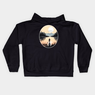 Solitary Paddleboarder in a Mountainous Sunset Scene Kids Hoodie